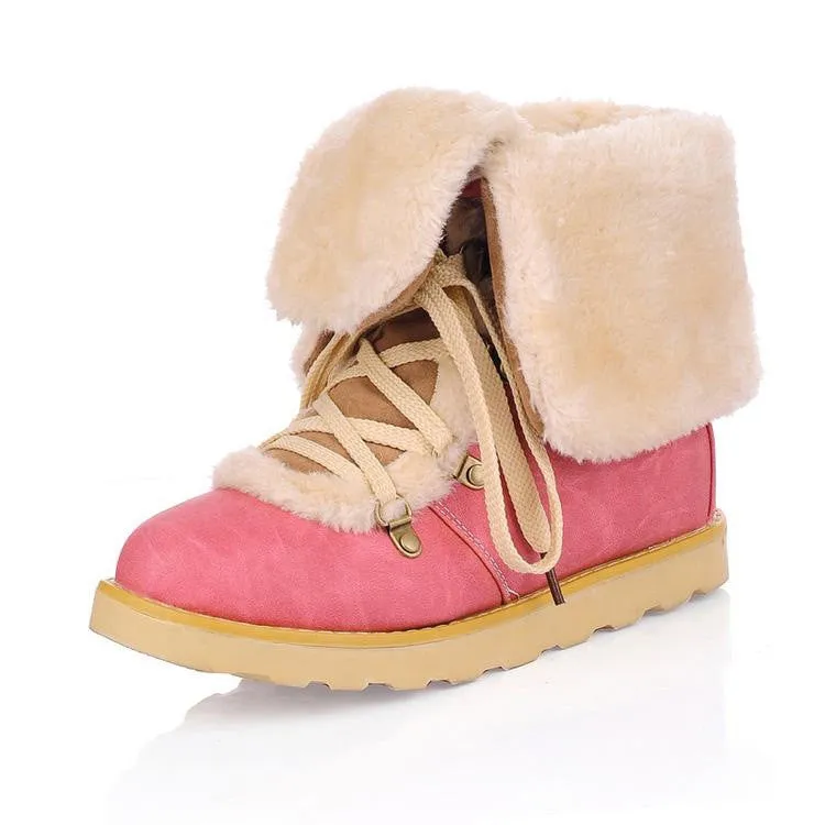 Patchwork Lace Up Fur Lining Flat Martin Boots